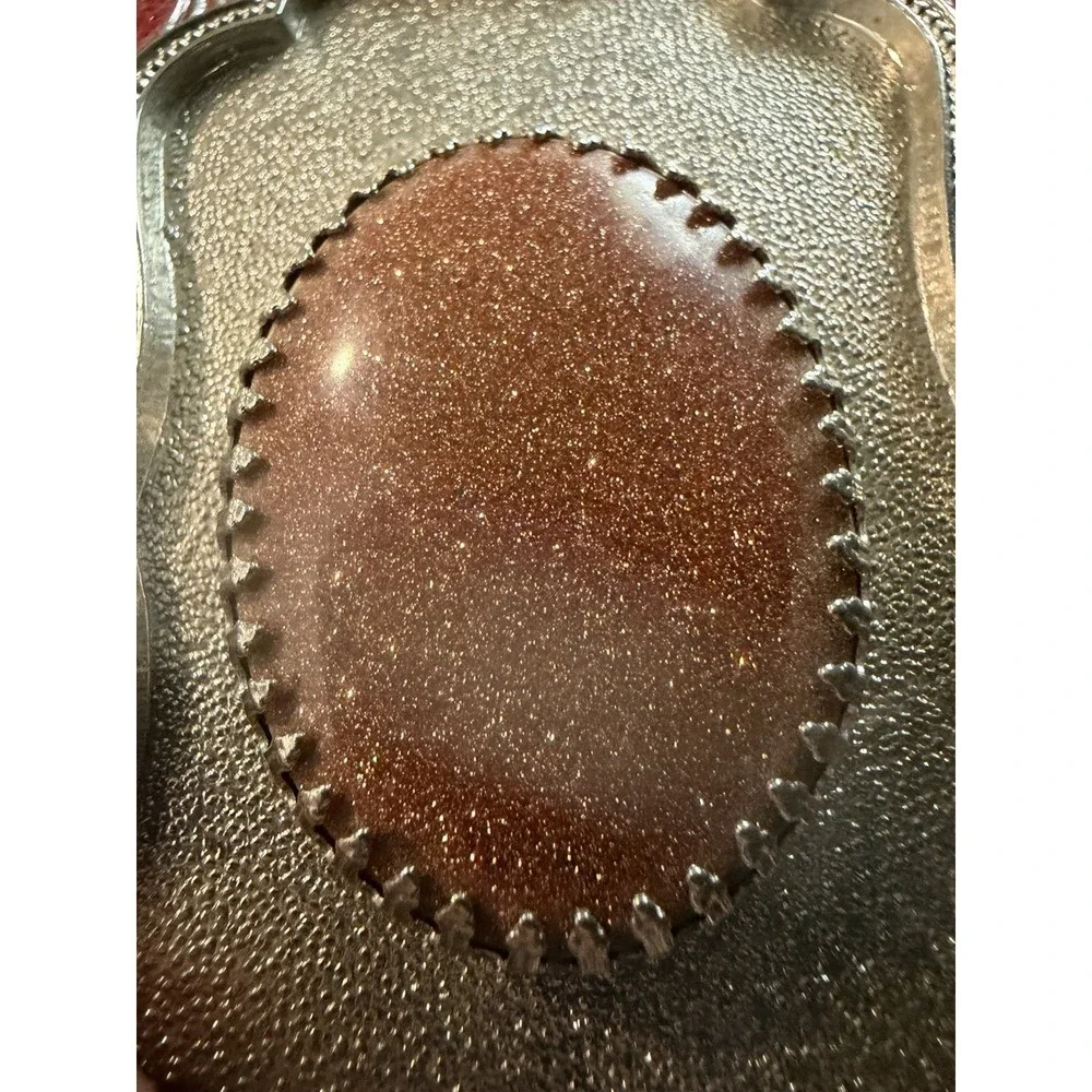 Sunstone Belt Buckle Rectangle Red Enamel Silver Tone Natural Cabochon Western